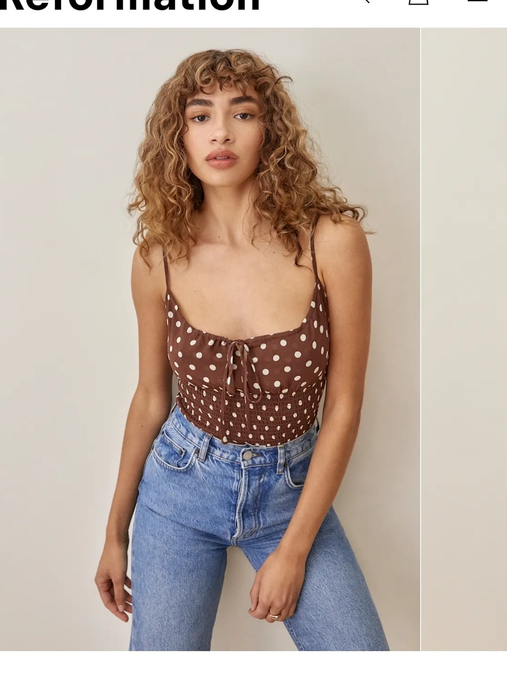 Reformation Brown Polka Dot Smocked Cami